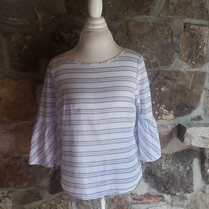 J Crew Women's Size 6 Medium Blue White Striped 3/4 Bell Sleeves Tie Back Top.
